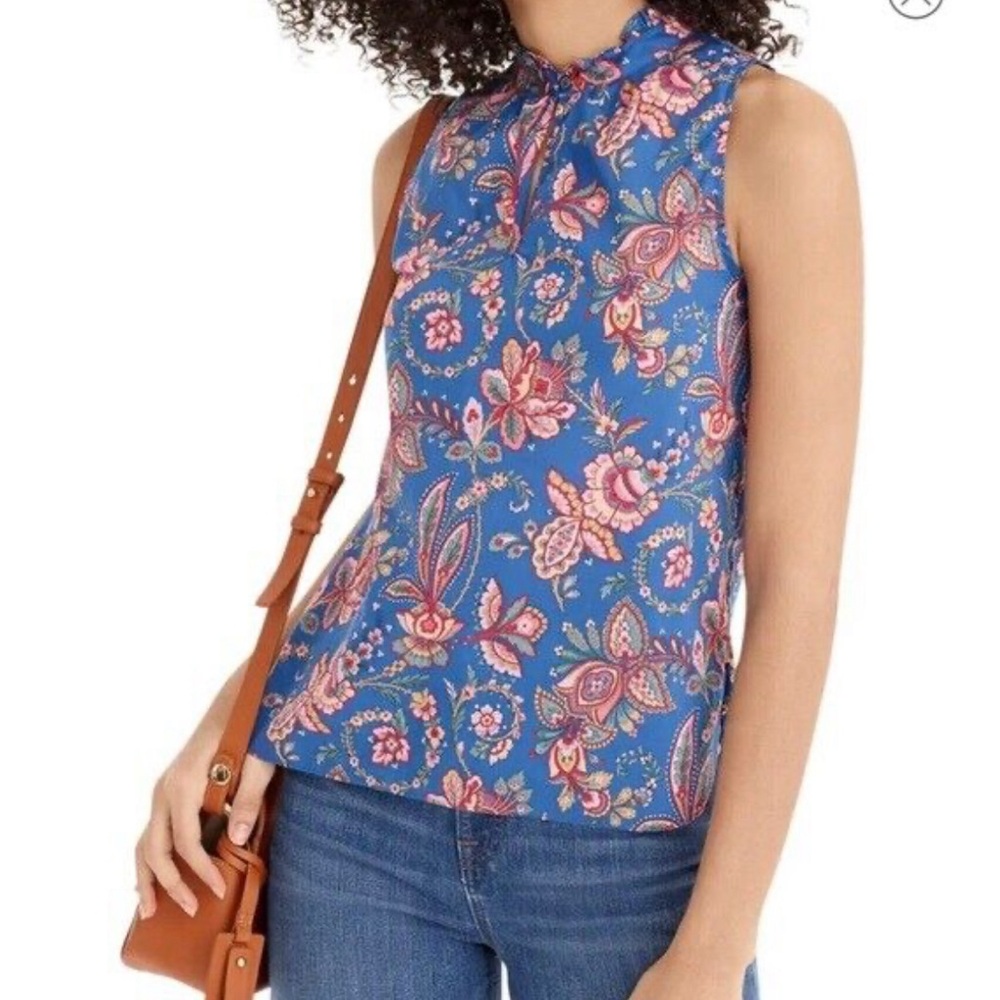 J. Crew Liberty Print Blouse size 2 blue paisley ruffle sleeveless layering - Picture 2 of 11